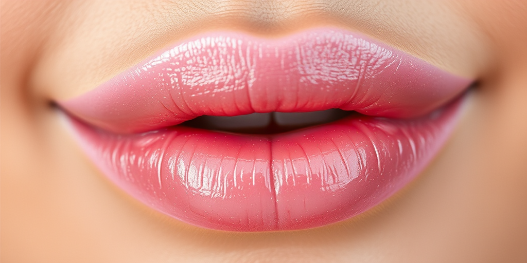 Enchanting close-up of pearlescent rose quartz lips with a dewy finish, emphasizing a soft, romantic glow and natural luminosity