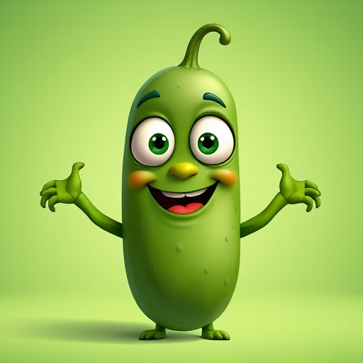 Create a cartoon-style image of a smiling cucumber character with large expressive eyes and arms, set against a smooth green gradient background, using a DSLR camera at f/2.8 aperture, ISO 100, 50mm lens, and 1/200s shutter speed for enhanced clarity and detail.
