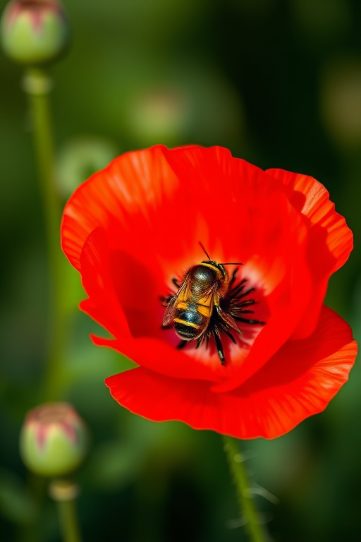 Generate a high-resolution close-up image of a vibrant red poppy flower with a bee sitting on it, using a Canon EOS R5 camera, f/2.8 aperture, 1/200 sec shutter speed, ISO 100, and a shallow depth of field for a blurred background effect.