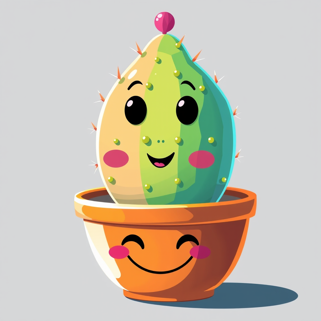 Create a digital illustration of a friendly-looking cactus in a smiling pot, vibrant colors, sharp details, with a 50mm lens, f/2.8 aperture, soft lighting, and a focus on the cactus texture, using a DSLR camera style.