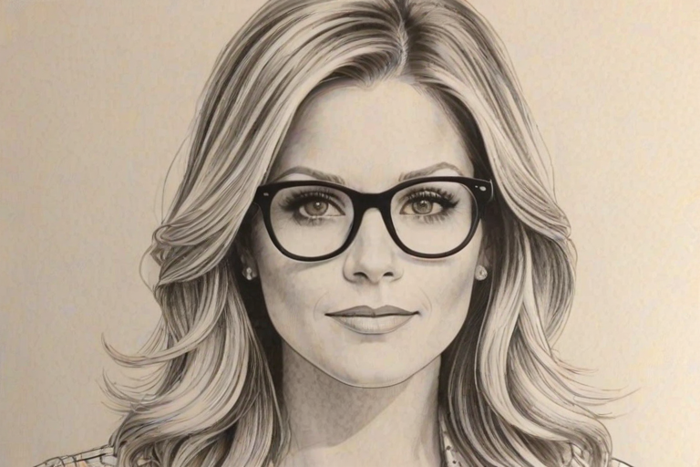 Superb Candace Cameron Bure, pencil sketch, portrait of Ravishing woman 1974s in glasses, hair style beatnik, outline, clear lines, fine lines, 8k