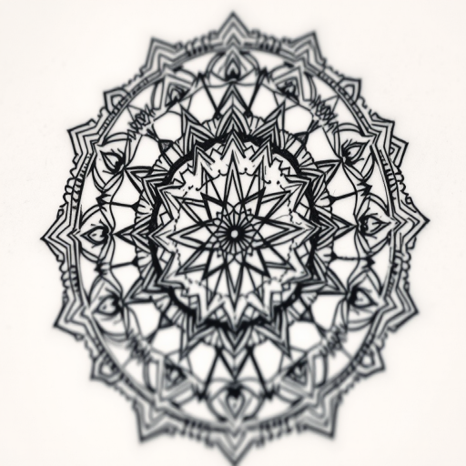 Intricate blackwork tattoo called "Geometric Mandala" showcasing precise linework and symmetrical patterns forming a circular design with sacred geometry elements, dotwork shading, and negative space accents