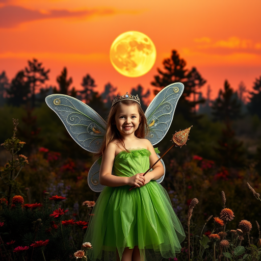 A vivid photo  taken under a bright camera flash of a fantastical scene set against a backdrop of a forest during sunset. The main subject is a girl dressed as a fairy, adorned with translucent wings and a green dress, holding a wand, her face is happy, and she wears a crown on her head. The forest behind her is a blend of flowers, shrubs and trees. The sky is painted in hues of orange and pink, with a large, glowing moon casting a warm glow over the scene. The overall color palette is dominated by earthy tones.