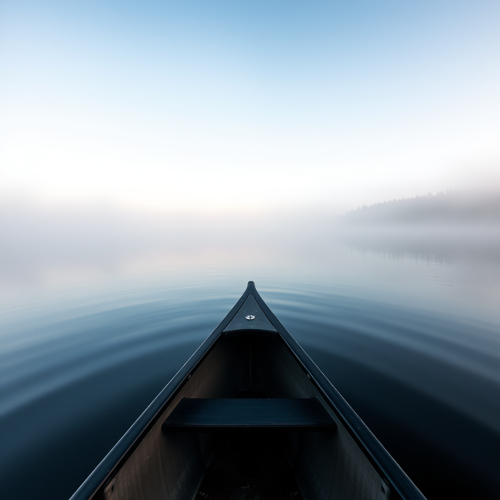 photograph a serene lake at dawn with fog hovering above the water, focus on the foreground of a canoe bow pointing toward the misty landscape, use a wide-angle lens, aperture f/8, ISO 100, shutter speed 1/60s, soft natural lighting, shot with a DSLR camera