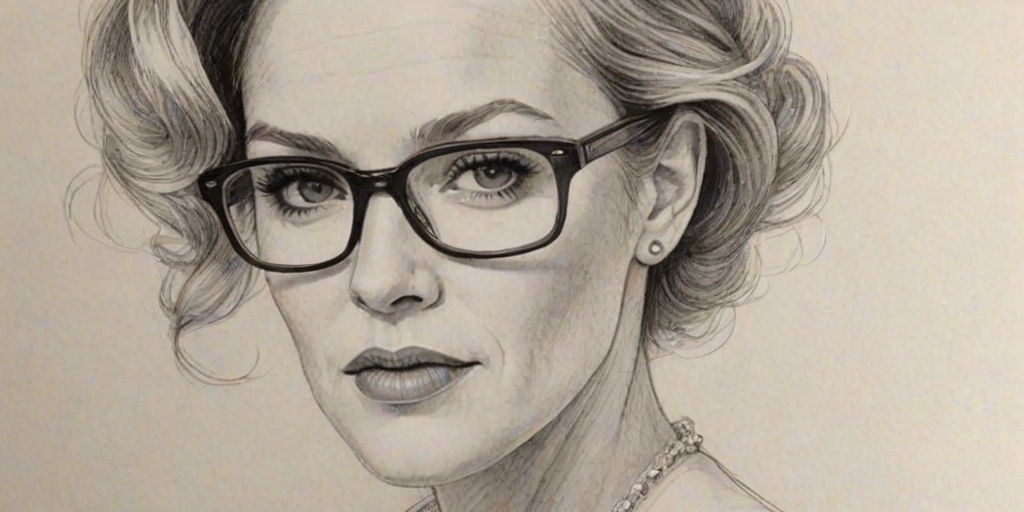 Gorgeous Penelope Ann Miller, pencil sketch, portrait of Graceful woman 1968s in glasses, hair style beatnik, outline, clear lines, fine lines, 8k