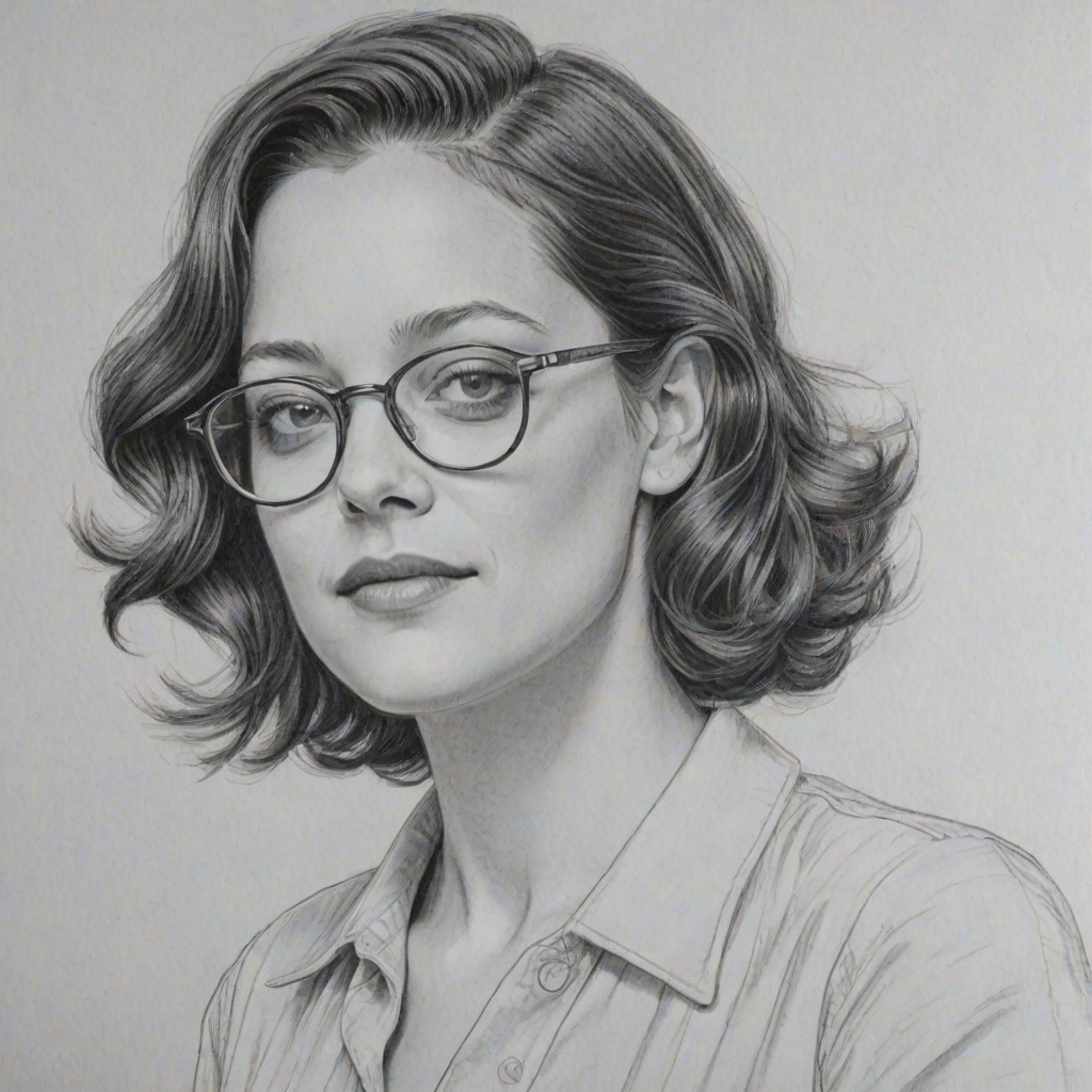 Charming Marion Cotillard, pencil sketch, portrait of Comely woman 1950s in glasses, hair style beatnik, outline, clear lines, fine lines, 8k