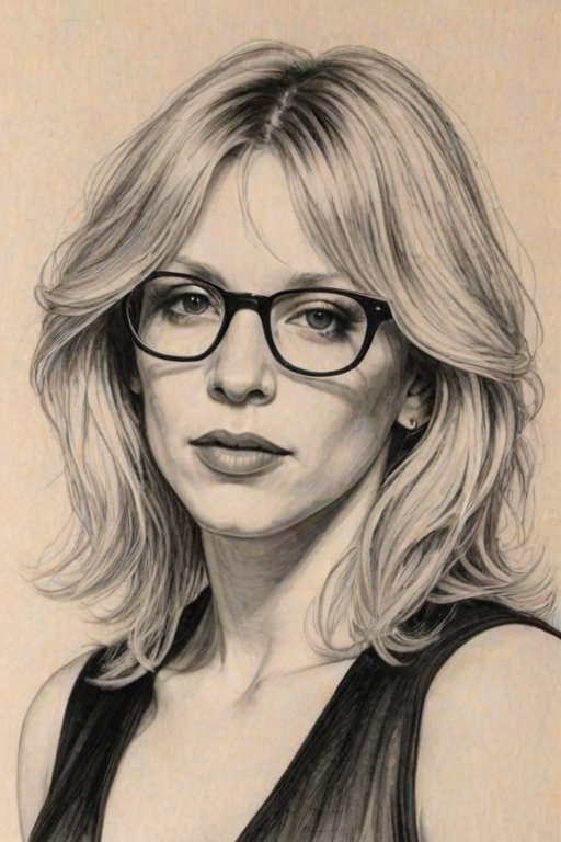Resplendent Courtney Love, pencil sketch, portrait of Resplendent woman 1974s in glasses, hair style beatnik, outline, clear lines, fine lines, 8k