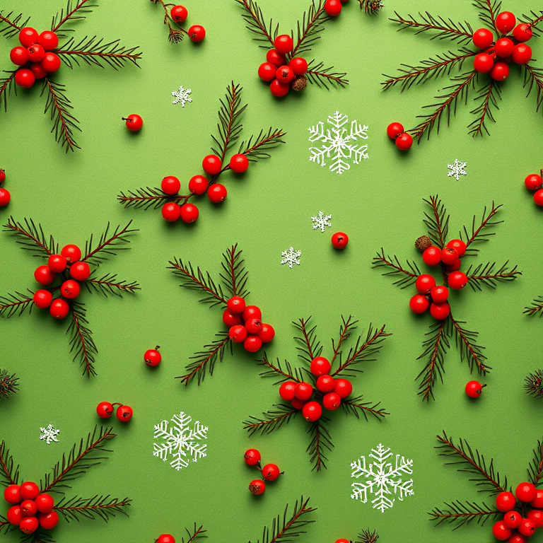 Create a seamless pattern of holiday-themed greenery with red berries and snowflakes on a green background, shot with a Canon EOS R5 at f/4, ISO 100, 50mm lens, overhead view, flat lay style.