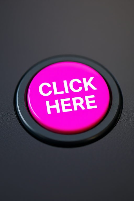 Create an image of a bright pink button with the text "CLICK HERE" in bold white letters, taken from a close-up angle using a DSLR camera, aperture set to f/2.8 for a shallow depth of field, ISO 100 for clarity, and natural lighting to enhance the color vibrancy.