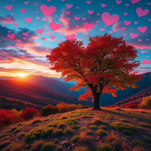 Create a vibrant landscape featuring a large heart-shaped tree with colorful leaves, surrounded by mountains under a twilight sky filled with hearts, shot with a Canon EOS R5 at f/2.8, ISO 100, 24mm lens, using a wide-angle perspective and enhancing the colors for a magical effect.