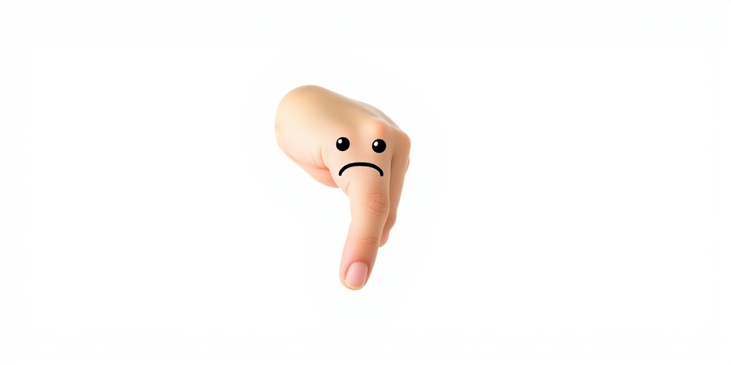 Create a high-resolution image of a hand with a thumb pointing downwards, featuring a sad face drawn on the thumb, using a DSLR camera with a 50mm lens at f/2.8 aperture, ISO 100, shot in natural light against a plain white background.