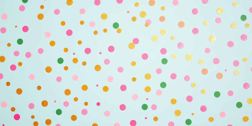 Generate an abstract pattern of scattered polka dots in pink, gold, and green on a light blue background, captured with a Canon EOS R5, 50mm lens, aperture f/2.8, shutter speed 1/100s, ISO 100, top-down view, soft natural lighting.