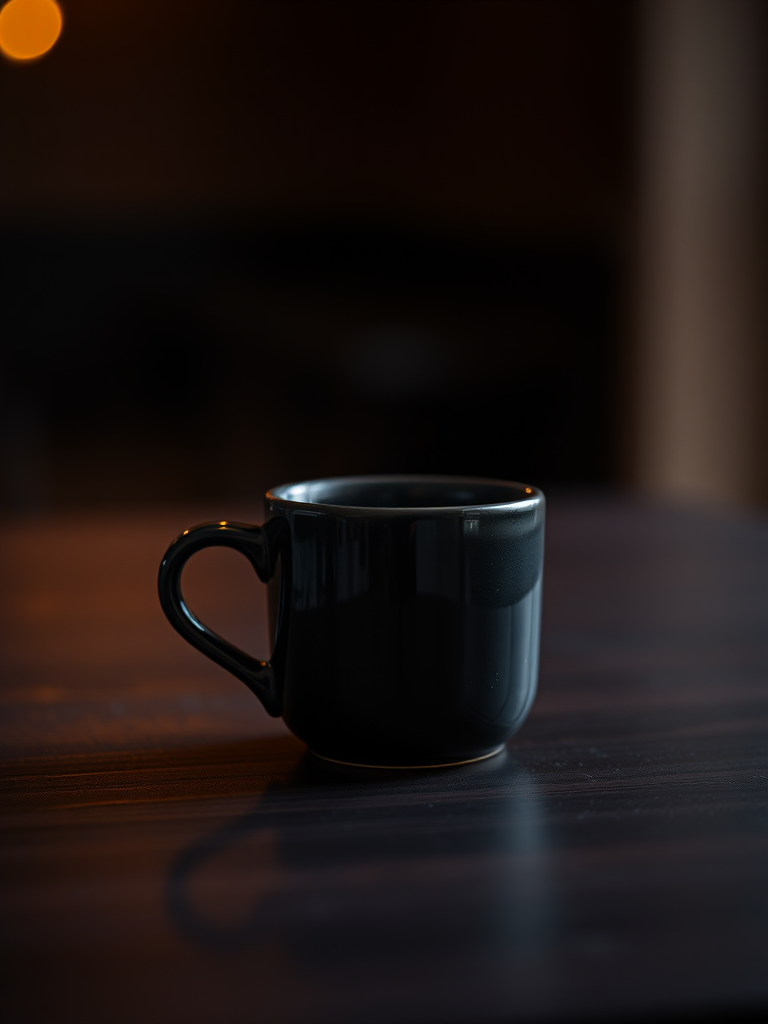 A black ceramic mug placed on a dark wooden table, shot in low light with a shallow depth of field, using a Canon EOS R5 with a 50mm f/1.2 lens, ISO 100, aperture f/1.2, shutter speed 1/100 sec, achieving a soft bokeh effect.