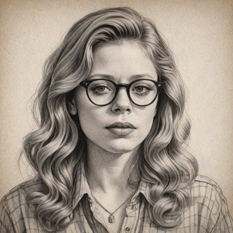 Charming Natasha Lyonne, pencil sketch, portrait of Fascinating woman 1945s in glasses, hair style beatnik, outline, clear lines, fine lines, 8k