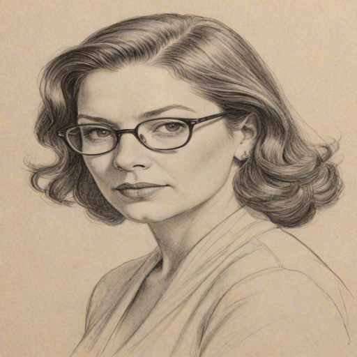 Appealing Mindy Cohn, pencil sketch, portrait of Graceful woman 1937s in glasses, hair style beatnik, outline, clear lines, fine lines, 8k