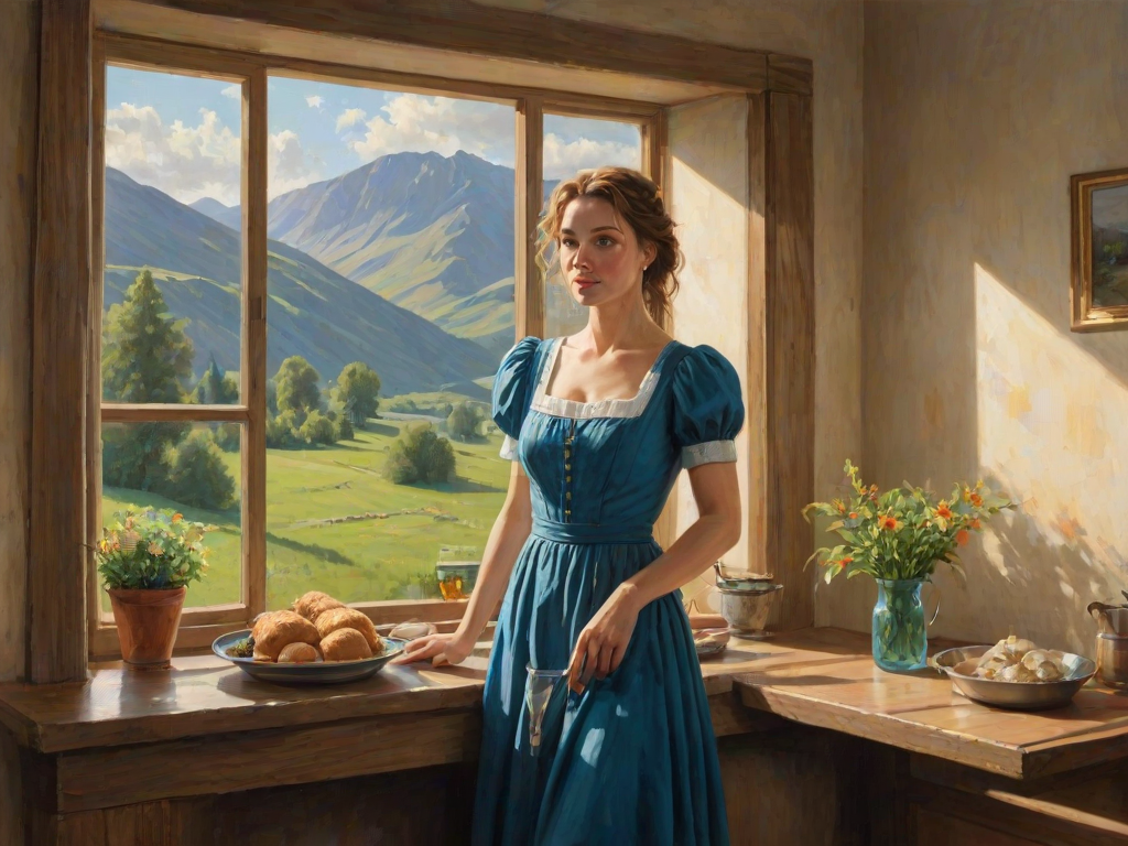 In "A Glass of Beer on the Highland," a serene scene is depicted in a sunlit room where a woman in a vibrant blue dress stands by a large window. She holds a tray with a hearty meal and a frothy glass of beer, embodying a moment of relaxation. Outside, the breathtaking highland landscape features rolling green hills and a charming traditional house, all bathed in warm afternoon light. The interior is adorned with potted plants, creating a harmonious blend of comfort and nature. The painting beautifully captures the tranquility and joy found in simple pleasures amidst stunning scenery