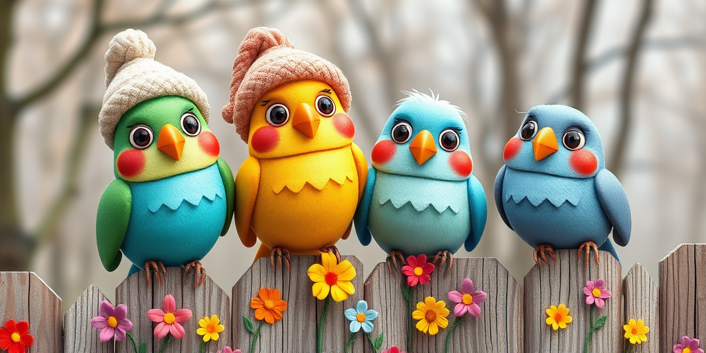 create a scene of 4 quirky  whimsical colourful comical birds each with a funny expression. they are sat on a wooden fence with colourful flowers. they are all different sizes. each one is a different colour  one is wearing a woolly hat. Each one has a different quirky google expression and there is a muted background of trees watercolour paintierly style high definition 8k resolution 3D paper mache