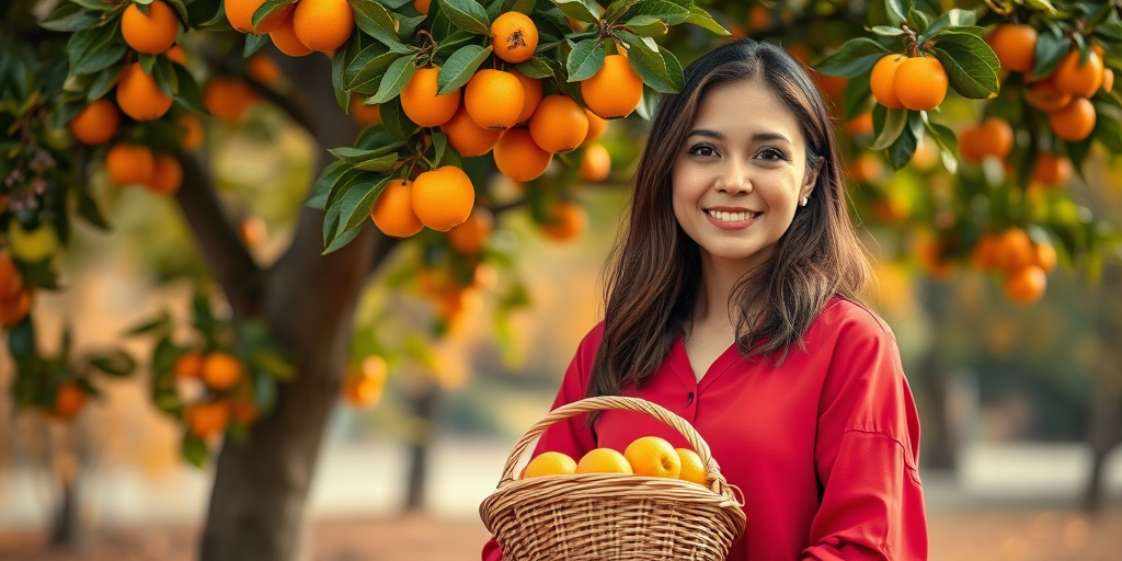 A woman in a red shirt stands under a tree with orange fruits, holding a basket of oranges, soft-focus background with autumn leaves, shot with a Canon EOS R5, 85mm lens, f/1.8 aperture, ISO 200, natural light.