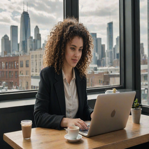 Bustling urban cafe, the clatter of cups and soft chatter fills the space, a woman with curly hair sits at a corner table by the window, typing on her laptop, the city skyline visible behind her.