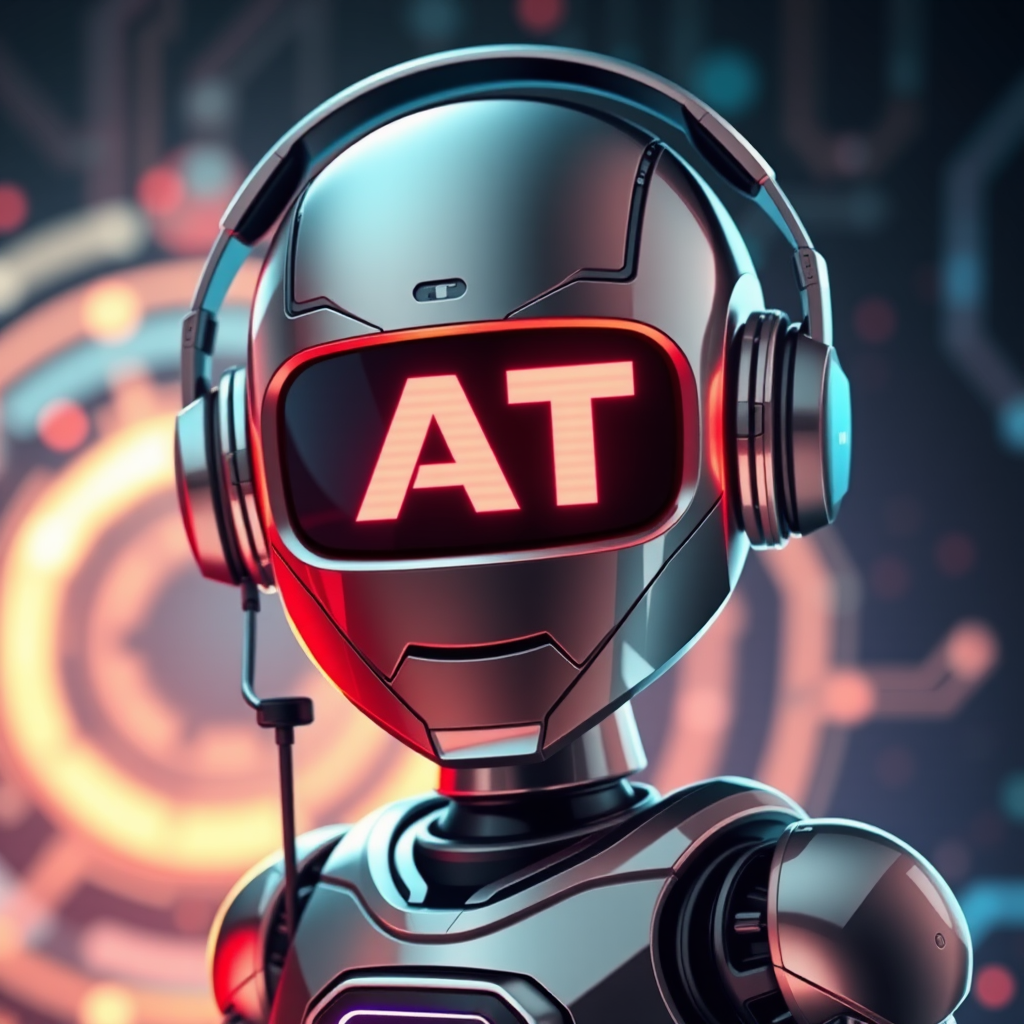 Create an image of a futuristic robot with a sleek metallic design. The robot should have a digital display showing the letters "AT" in bright colors. It is wearing headphones and has an engaging expression. The background should feature abstract tech elements with glowing lights and circuits, conveying a sense of advanced technology and innovation.