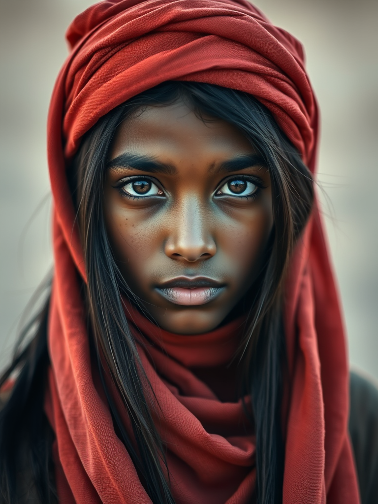 Create a portrait of a young Tuareg male with long, dark hair and captivating hazel eyes. She is wearing a red headscarf and a matching scarf draped gracefully around her neck. The background is softly blurred, focusing attention on her serene and natural expression. The overall color palette is muted and warm, enhancing the intimate and authentic feel of the portrait.