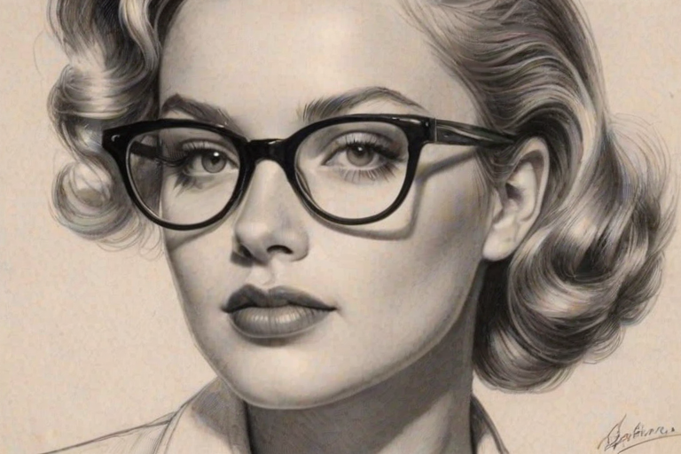 Wonderful Alyvia Alyn Lind, pencil sketch, portrait of Beauteous woman 1953s in glasses, hair style beatnik, outline, clear lines, fine lines, 8k