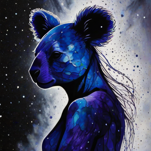 Captivating conceptual render alcohol ink art, double exposure, the paint strokes artfully merge combining a woman's full silhouette with a Cute koala's silhouette. The figures are composed of a series of colored dots, lines & spots that evoke the image of a cosmic galaxy, colors are deep shades of blue purple & black with flashes of white & silver representing distant stars. The woman's silhouette is formed within the lion's silhouette from constellations of scattered stars, surreal