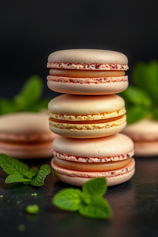 macro shot of three macarons stacked on a dark surface with fresh mint leaves, shallow depth of field, f/2.8 aperture, ISO 100, 50mm lens, studio lighting, Canon DSLR