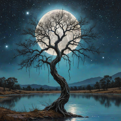 painting of a tree with a full moon in the background and water dripping from its branches, fantasy art, alcohol ink, 3D, 4K, HDRi