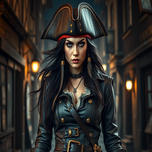 Create a portrait of a fierce female pirate. She wears a leather tricorn hat adorned with a skull and crossbones emblem, and her long, dark hair flows around her face. Her outfit consists of a richly detailed leather jacket, a corset, and multiple layers of belts and accessories, giving her a formidable and stylish appearance. She stands confidently in a dimly lit, historic port town, with a backdrop of weathered buildings and cobblestone streets, capturing the adventurous spirit of a pirate.