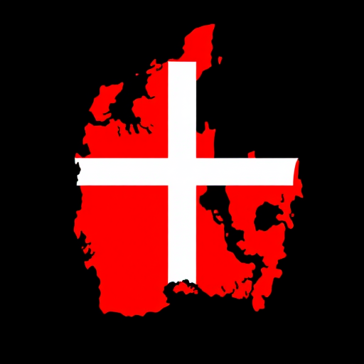 Create a high-resolution vector image of the map of Denmark filled with a bold red color, overlaid with a large white cross, set against a black background, using a Canon EOS R5 camera, 24mm f/1.4 lens, aperture at f/8, ISO 100, taken from a top-down view for clarity and detail.