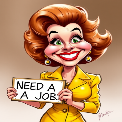 caricature of a smiling Rita Hayworth in a Yellow dress or suit, holding up a sign that says "NEED A JOB", no watermark,