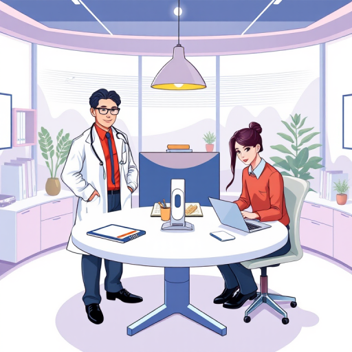 create a digital illustration of three professionals in a modern office setting with a round table and technology, featuring one person standing with glasses and a lab coat, one older person sitting with a computer, and a younger person using a laptop, use a bright color palette, focus on clean lines and minimalistic design, ensure good lighting and balance, camera type: DSLR, camera style: flat lay, camera view: wide-angle, settings: f/8 aperture, 1/100 sec shutter speed, ISO 200