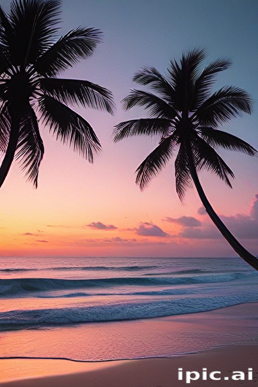 Serene Sunset Over Tranquil Beach with Silhouetted Palm Trees Glowing