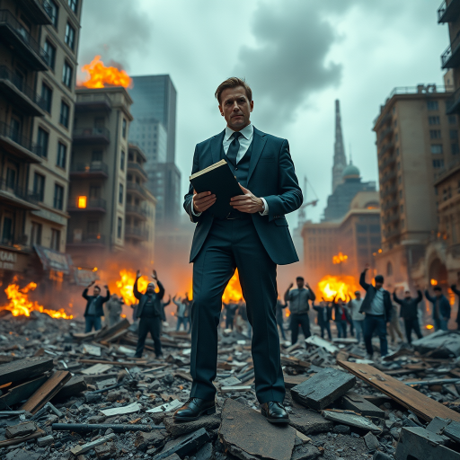 Create a dystopian cityscape featuring a man in a suit holding a book, standing on debris amidst a fiery urban background, with people reaching out in desperation, shot with a Canon EOS R5, 24mm lens, f/11 aperture, ISO 100, in a dramatic wide-angle view to capture intense atmosphere and vivid details.