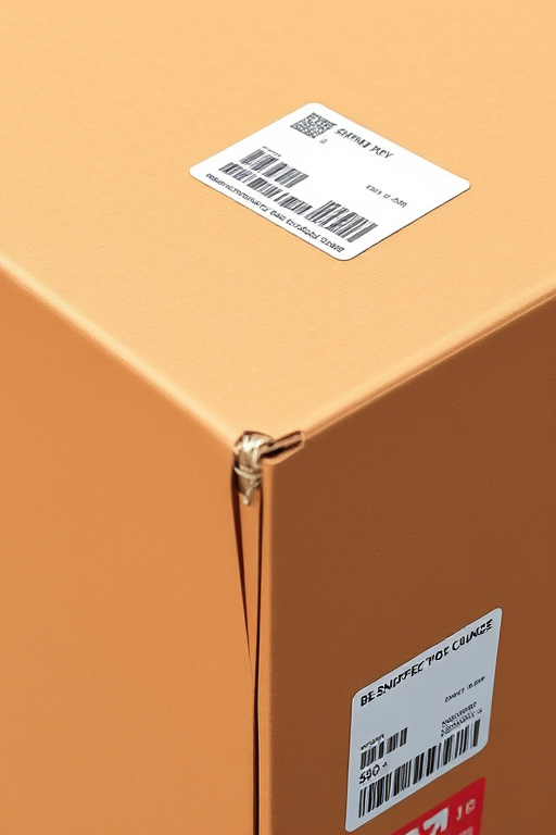 Create a detailed, high-resolution illustration of a cardboard box with a shipping label, captured in a close-up view using a DSLR camera with a 50mm lens at f/2.8, with natural lighting to enhance texture and contrast.