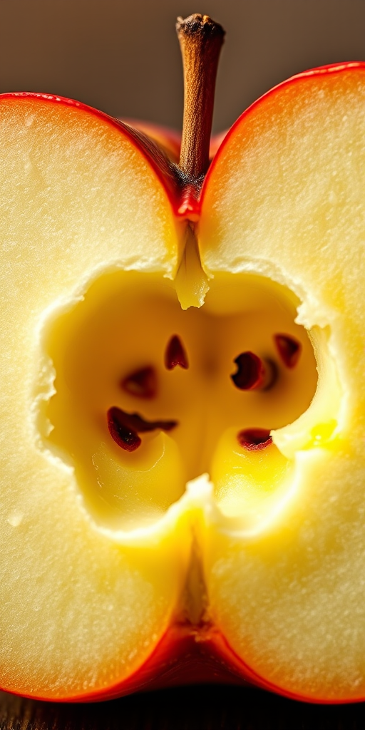 create a digital illustration of a bitten apple core with smooth lines and vibrant colors, using a Canon EOS 5D Mark IV with a 50mm f/1.8 lens, ISO 100, aperture f/2.8, capturing a centered view with a shallow depth of field for a clean background.