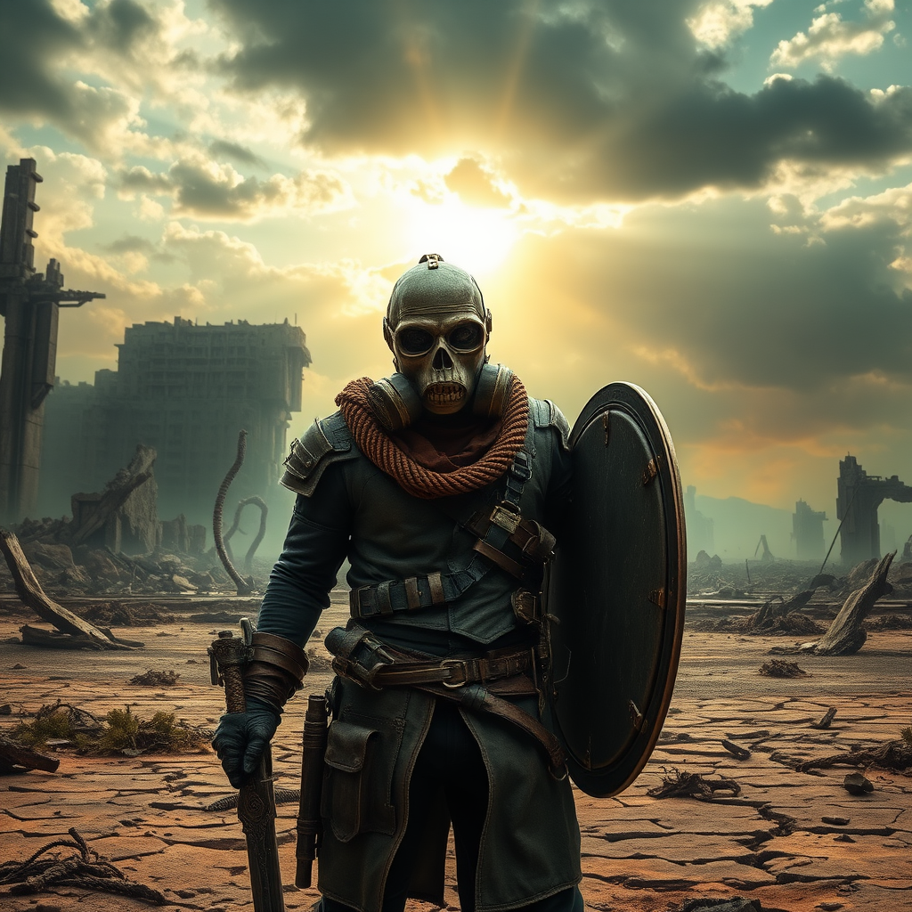A post-apocalyptic wasteland with a lone figure, The Last Warden, standing in the foreground. He wears a skull-like gas mask, with cracked lenses, and a rugged mix of leather and scavenged armor. His attire is weathered and patched, showing signs of long battles and harsh environments. In one hand, he holds a sword made from broken steel, and in the other, a shield made from scrap metal. The background features a desolate landscape with crumbling ruins of a once-thriving city, shrouded in toxic green and orange haze. The ground is cracked, with dead vegetation and twisted remnants of civilization. The sky is ominous, with dark clouds and faint rays of sunlight breaking through, symbolizing a glimmer of hope in the midst of despair. Increase the brightness of the background, making the sunlight more prominent and casting more light on the ruins and the figure to enhance the sense of hope in the scene.