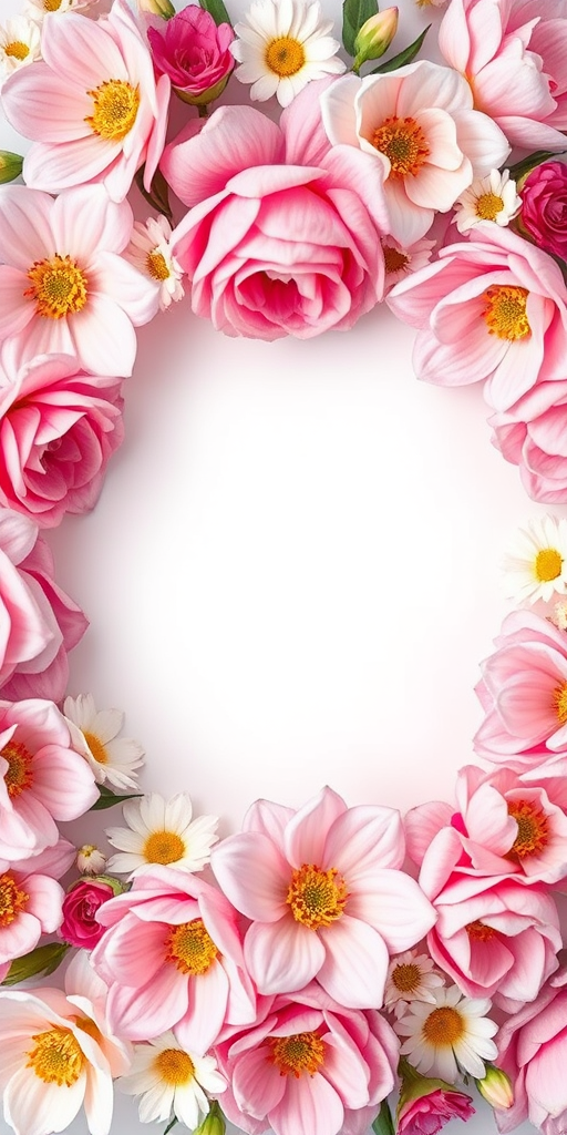 Generate a high-resolution image of a floral pattern centered around a white area, using a DSLR camera with a 50mm lens, aperture f/2.8, ISO 100, and a soft focus effect to enhance the depth and detail of the flowers.