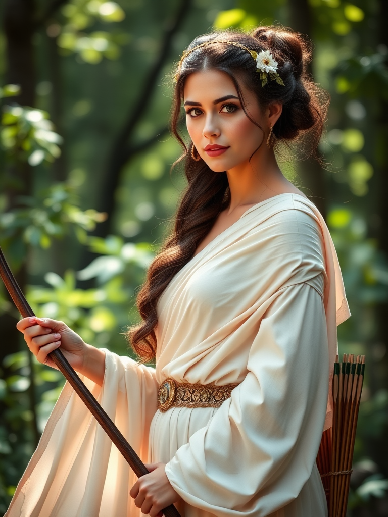 Create a portrait of a goddess-like Tajik girl figure in a tranquil, forested environment. She has an elegant appearance with long, wavy hair styled in an updo and adorned with a delicate, floral headband. She wears a flowing, ancient Greek-inspired gown in a soft, pale color, featuring a one-shoulder design and draped fabric that accentuates her graceful form. The outfit includes a decorative belt with ornate gold detailing, and she holds a bow in her hand, with a quiver of arrows slung over her shoulder. The background depicts lush greenery, with sunlight filtering through the trees, casting a gentle, ethereal light on the scene. Her expression is calm and contemplative, embodying a sense of wisdom and serenity.