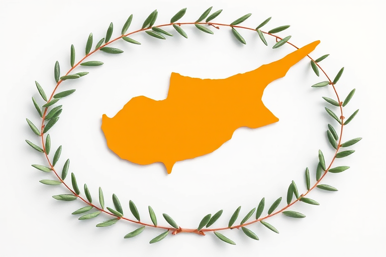 Create an image of the map of Cyprus colored in orange, surrounded by a green olive branch wreath, using a DSLR camera, aperture f/2.8, ISO 100, focal length 50mm, shot from a top-down view with bright, soft lighting.