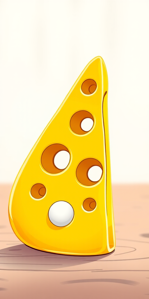 Create a vibrant illustration of a piece of yellow cheese with several round holes and white circles on it, using a 50mm lens, f/1.8 aperture, at a 45-degree angle view, with a soft focus background to enhance the subject detail and color saturation.