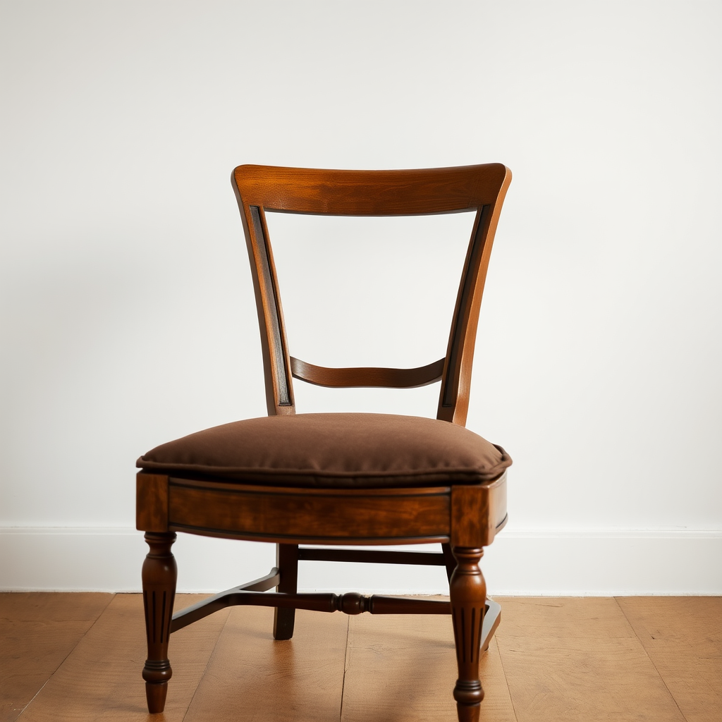 A vintage wooden armchair with a brown upholstered seat, shot from a straight-on view using a DSLR camera at f/4 aperture, ISO 100, 50mm lens, natural lighting for enhanced texture and detail.