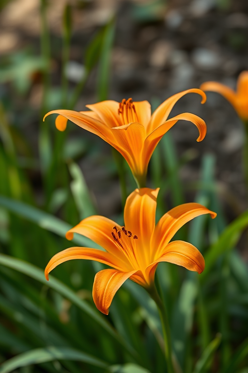 Create a high-resolution image of an orange lily in a natural setting, using a DSLR camera with a 50mm lens at f/2.8, ISO 100, shutter speed 1/200s, taken from a low angle with soft natural lighting to emphasize the vibrant colors and details of the petals and leaves.