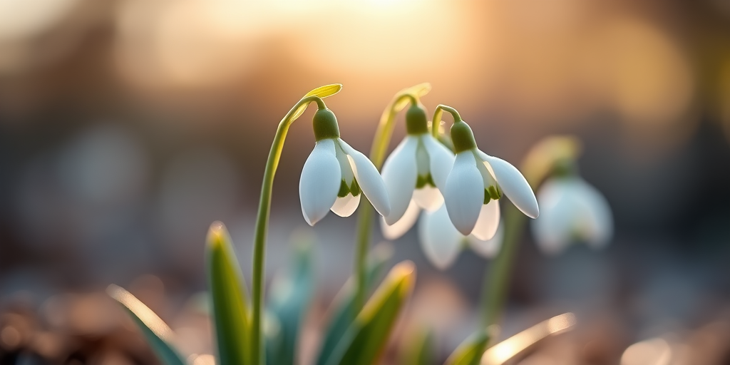 Capture a close-up of snowdrop flowers with soft bokeh background, use a Canon EOS R5 with an RF 100mm f/2.8L Macro IS USM lens, aperture set to f/2.8 for shallow depth of field, shutter speed at 1/200s, and ISO 200 for natural light enhancement.