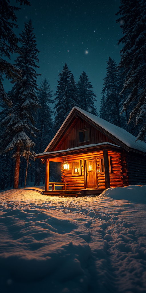 create a captivating night scene of a rustic cabin in a snowy forest, with falling snowflakes and a warm light glowing from a lantern outside, shot with a DSLR camera at f/2.8, ISO 800, shutter speed 1/30s, wide-angle view, soft focus editing, high dynamic range settings for enhanced contrast and detail