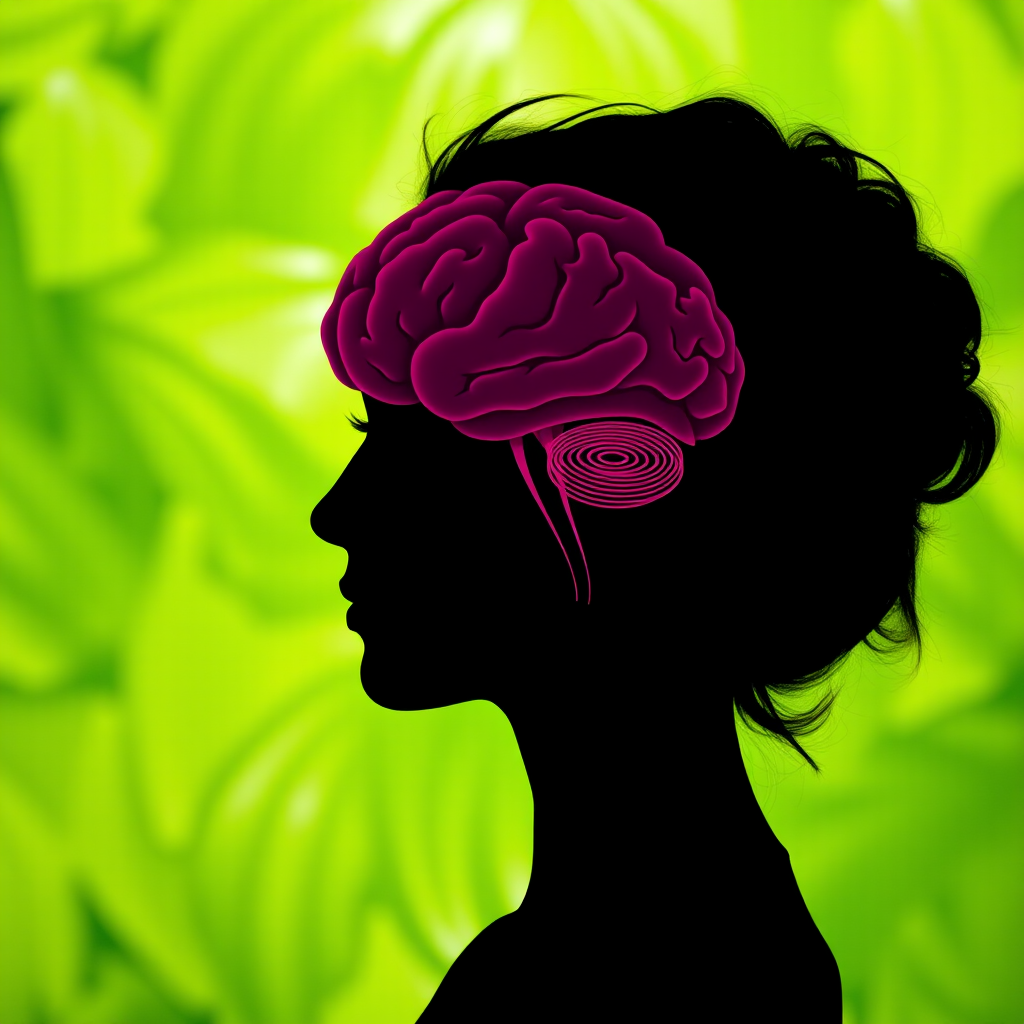 Silhouette of a woman with a brain illustration in her head against a vibrant green abstract background, shot with a Canon EOS R5, 50mm lens, f/1.8, ISO 100, natural light, portrait orientation.