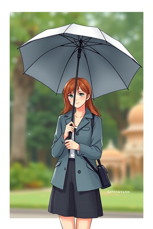 Regenerate an illustration of a woman holding a gray umbrella, standing confidently, soft natural lighting, shot with a digital camera, f-stop 5.6, focal length 50mm, 1/125s shutter speed, high-resolution format.