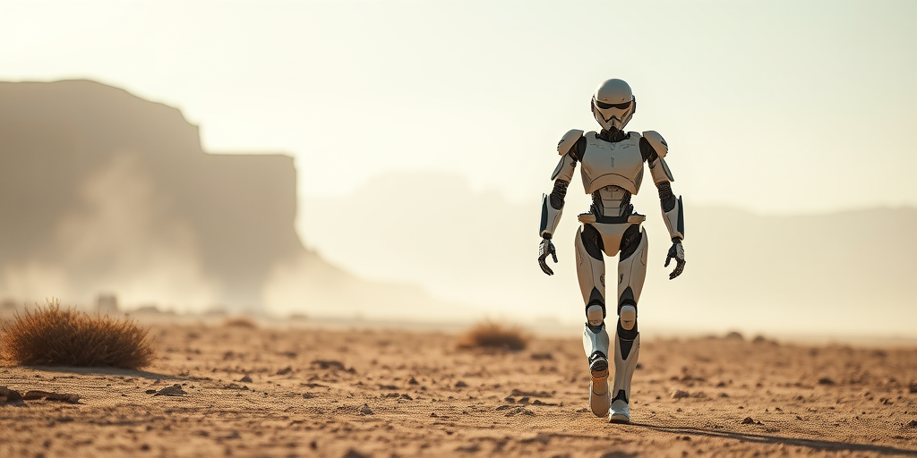 A futuristic humanoid robot in a desert landscape walking towards the viewer, captured with a Canon EOS R5, 50mm lens, f/1.8 aperture, ISO 200, with a shallow depth of field and soft sunlight filtering through the misty background for enhanced clarity and detail.