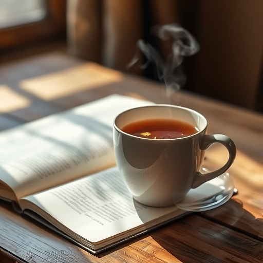 Sharp, high-resolution image of a cup of tea on a wooden table, steam rising from the surface, sunlight filtering through a nearby window, a book open beside the cup, soft shadows cast by the tea leaves floating in the water, a peaceful, quiet atmosphere captured.